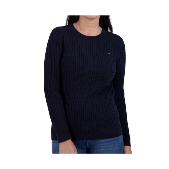 NEW Tommy Hilfiger Women's L Navy Cable Knit Sweater Crewneck Pullover - Picture 1 of 8